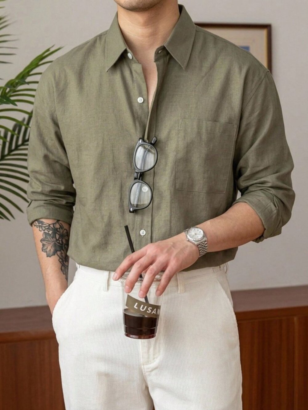 Green Casual Modern Casual Men's Long Sleeve button down Shirt